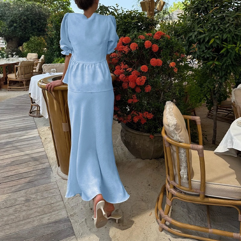 Elegant Solid V-Neck Tie Long Skirt Set