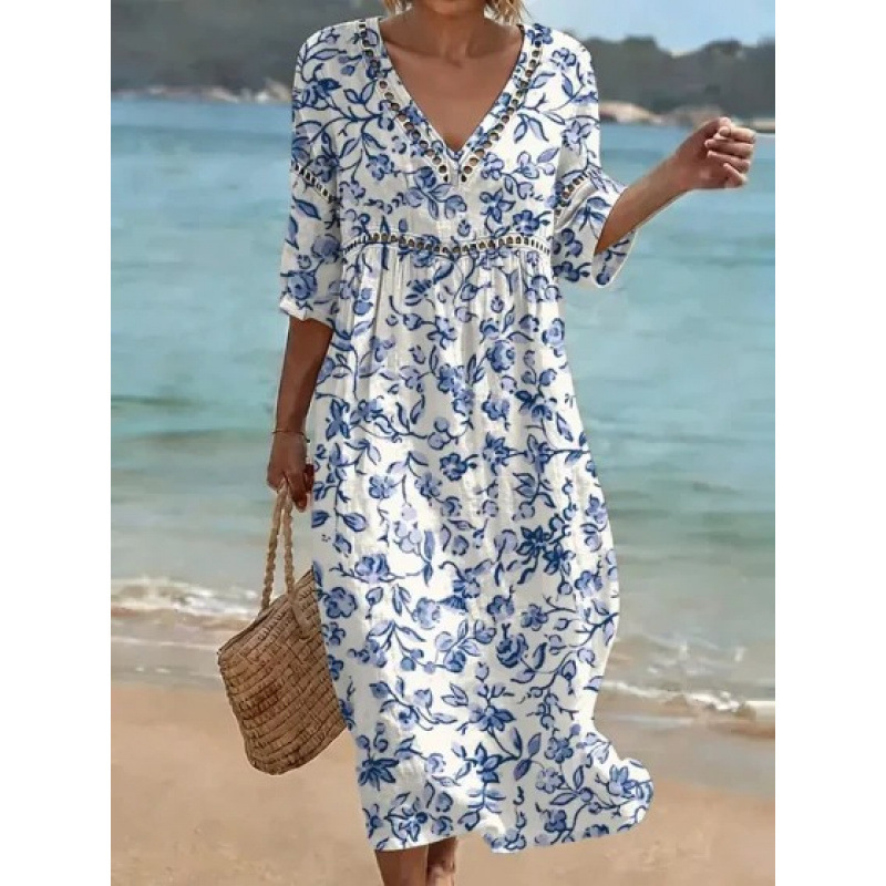 Women's Floral Print Pleated Midi Dress with Deep V-Neck and 3D Effect