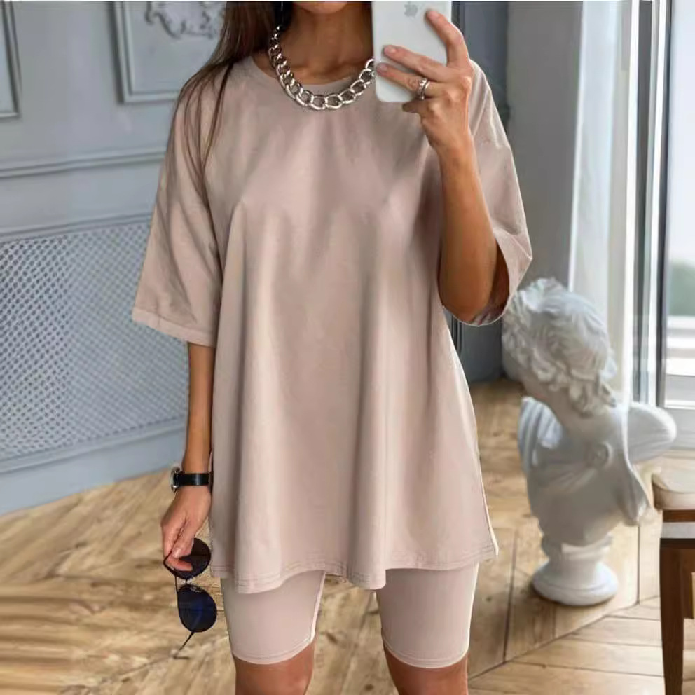 Women's Two-Piece Solid Color Lounge Set with Belt, Loose Casual Sporty