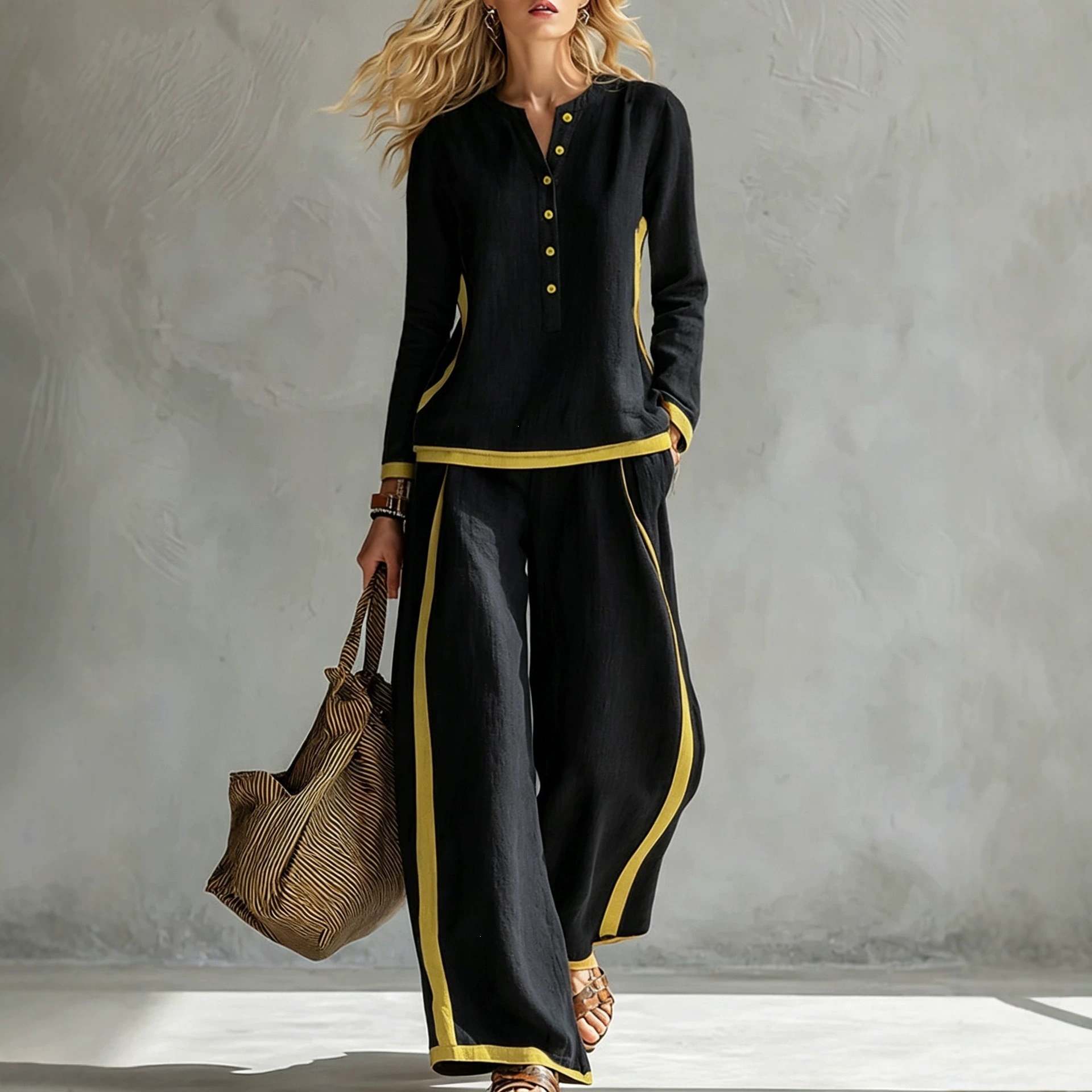Women's Color-Block Cotton-Linen Two-Piece Set Button-Front Stand Collar Long Sleeve Top & Side-Striped
