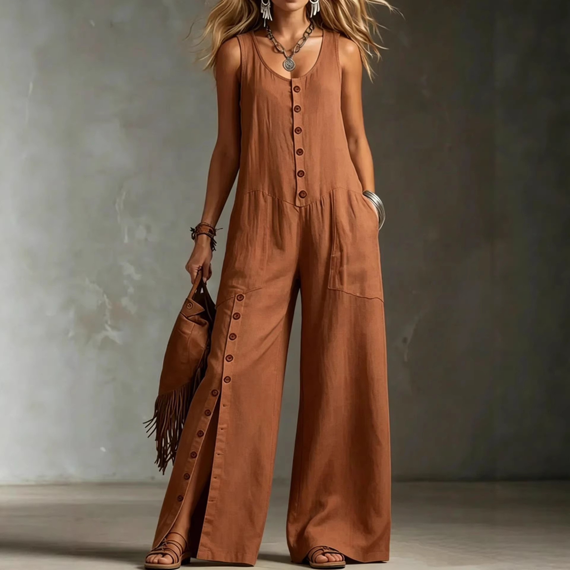 Women's Sleeveless Linen-Blend Button Pocket Jumpsuit