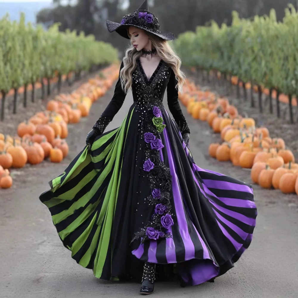 3D Digital Print V-Neck Long Sleeve Maxi Dress