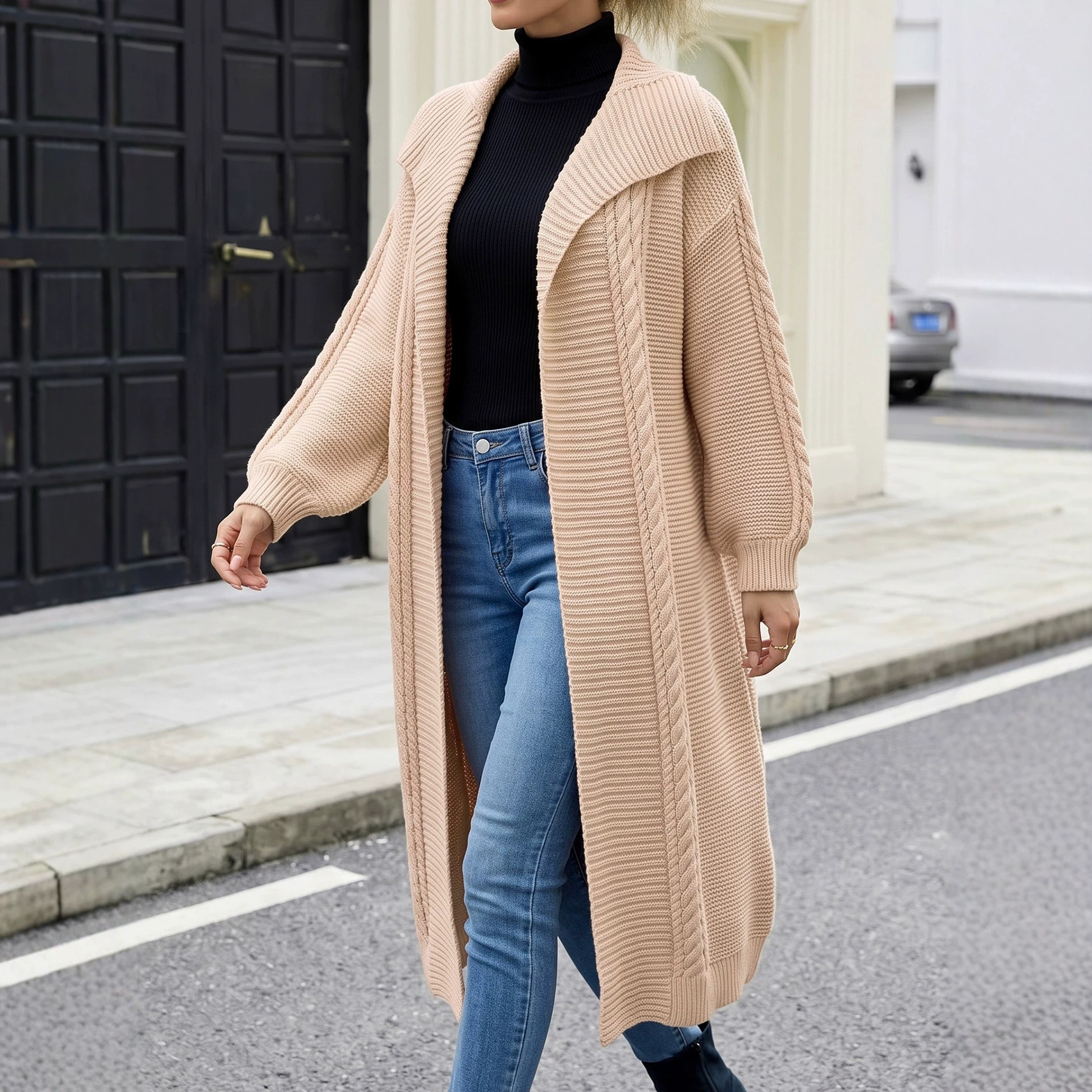 Cable-Knit Long Cardigan with Lapel Collar, Loose Fit