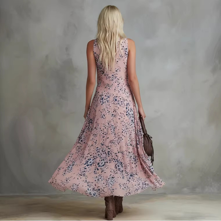 Vintage Floral Print Pink Chiffon V-Neck Long Dress