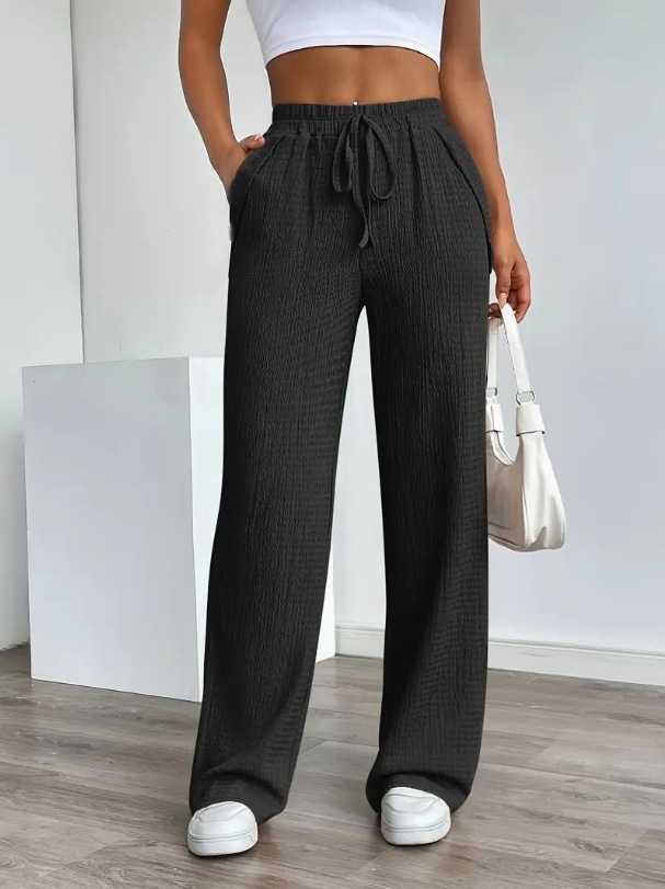 Women's Solid Pattern Loose Elastic Mid-Rise Drawstring Pocket Casual Straight Pants