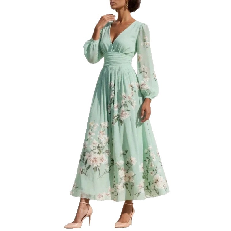 Floral Print V-Neck Pleated Long Sleeve Maxi Dress