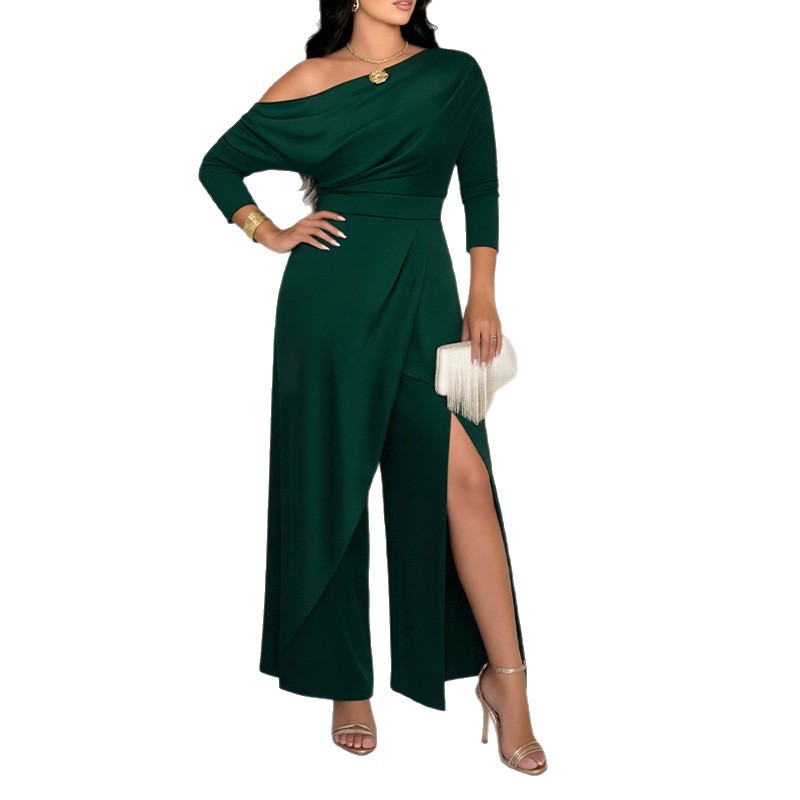 Women's One-Shoulder Wide-Leg Jumpsuit Solid Color High Waist Long Sleeve