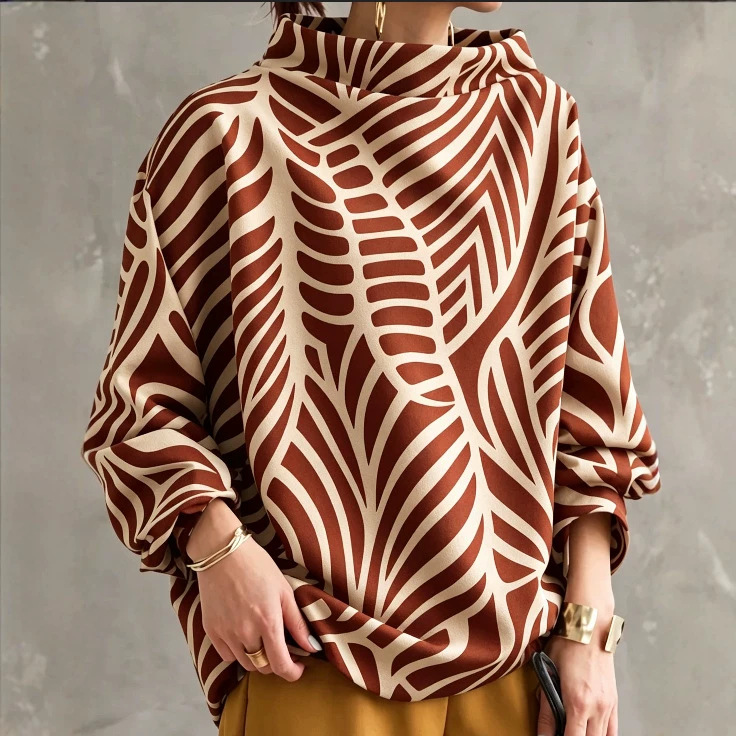 Women's Long Sleeve Loose Colorblock Print High Neck Sweatshirt