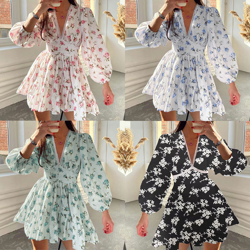 Elegant V-Neck Floral Bubble Sleeve Waist-Cinched Short Dress
