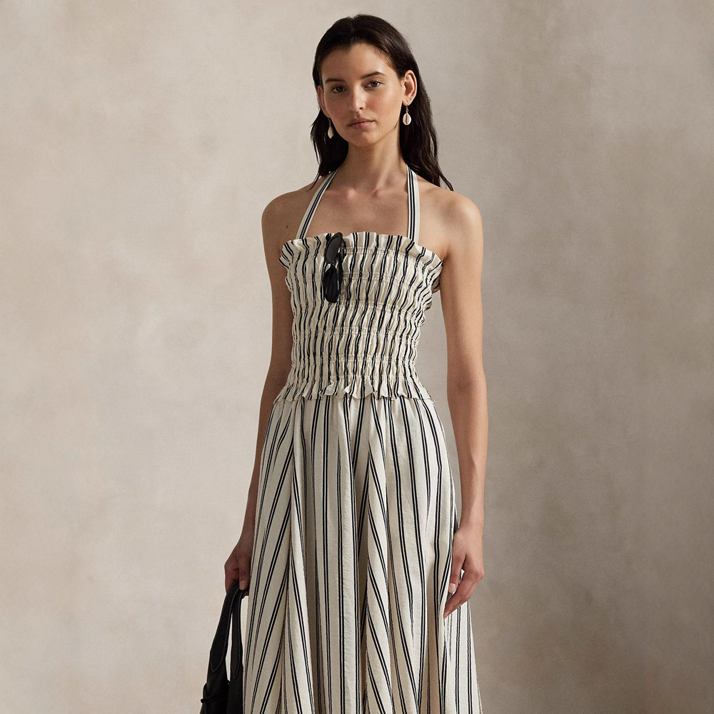 Women's French Striped Off-Shoulder Halter Sleeveless Waist-Cinching Slimming Dress