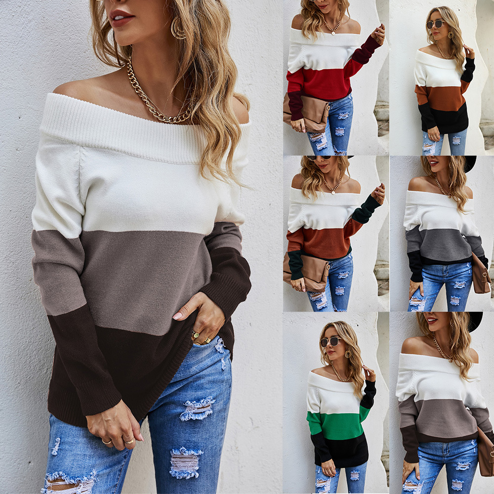 Women's One-Shoulder Colorblock Knit Pullover Sweater