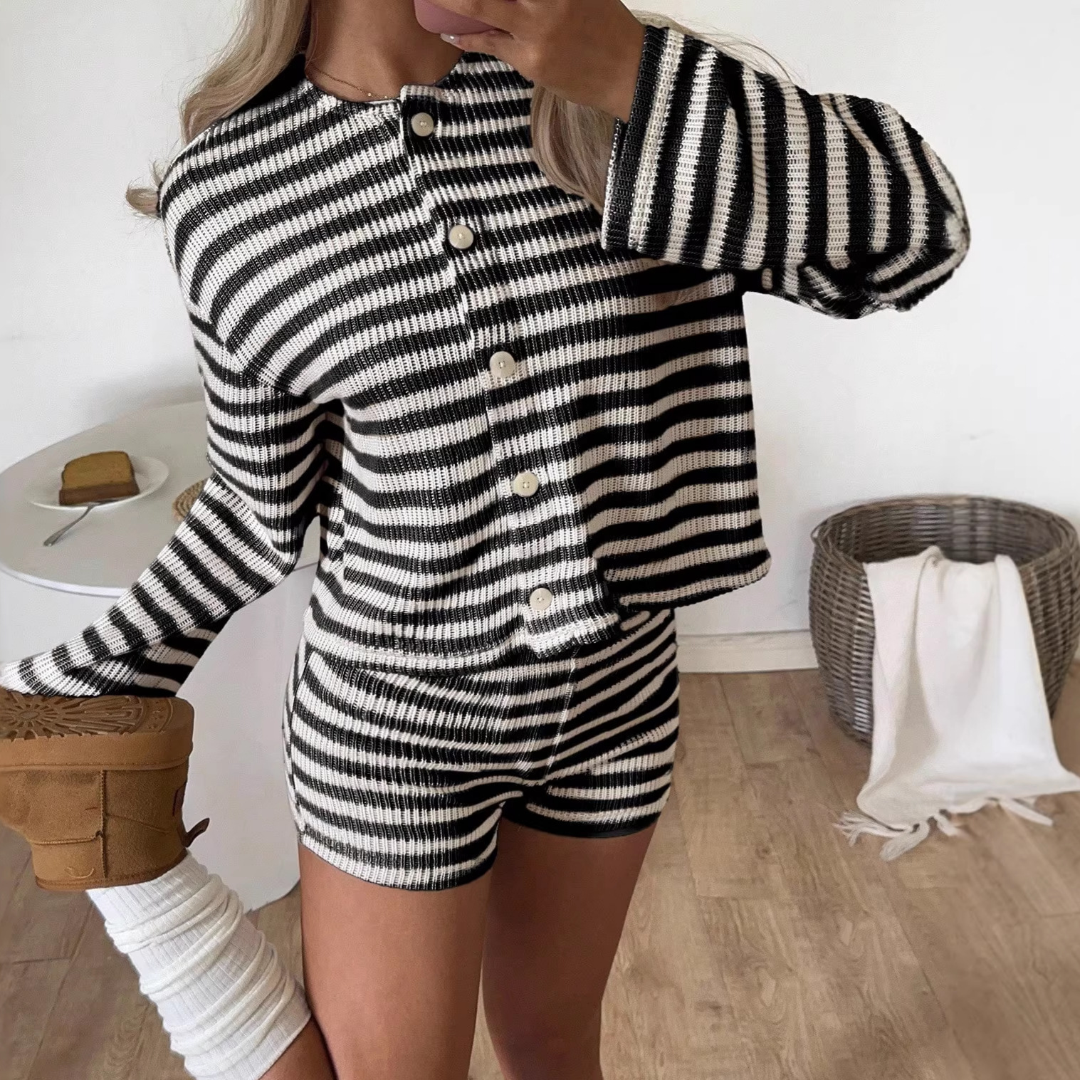 Women's Striped Two-Piece Lounge Set Short Sleeve & Shorts