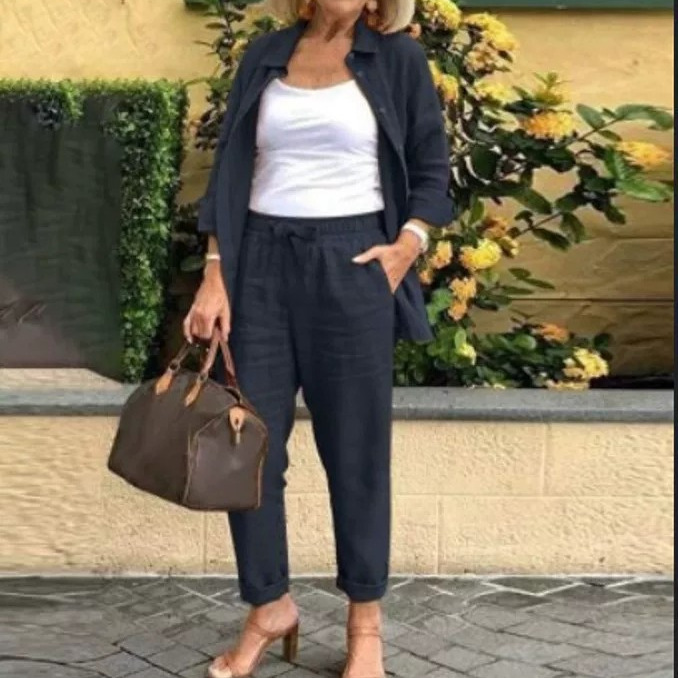 Cotton-Linen Collared Blazer & Loose Pants Casual Set