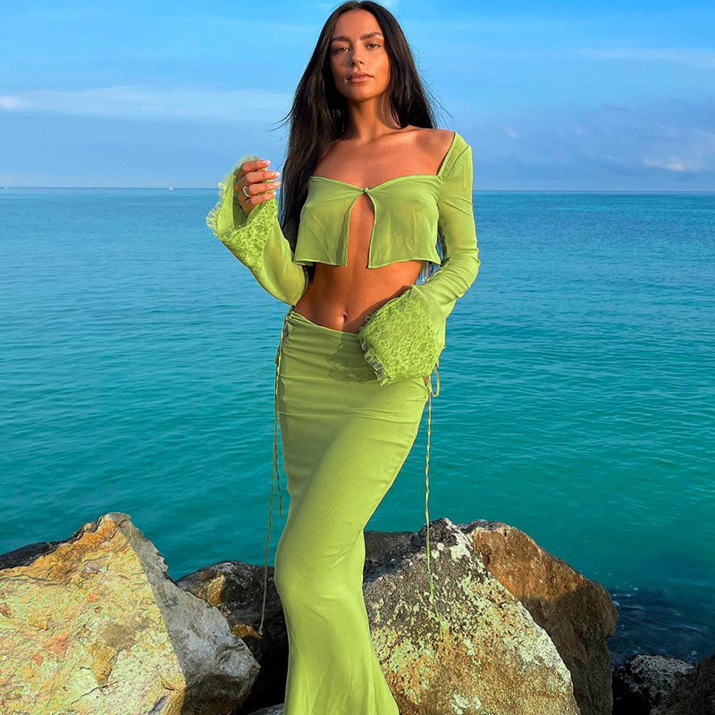 Women's Long Sleeve Openwork Lace-Up Top and Long Skirt Set