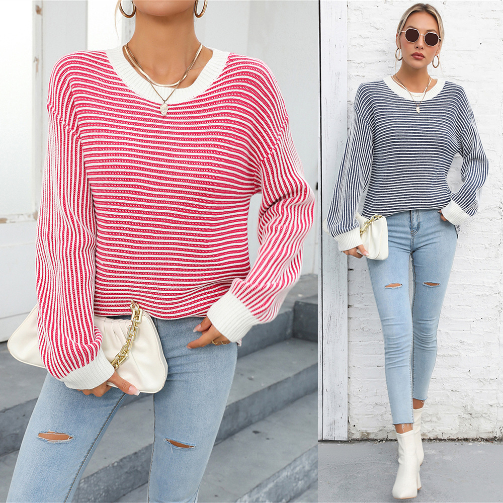 Color-Block Striped Crewneck Pullover Knit Sweater