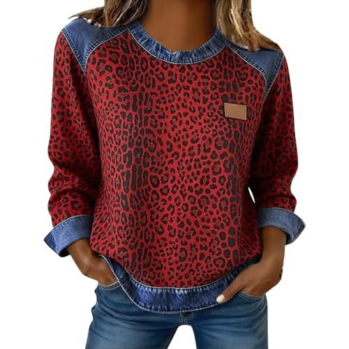 Women's Leopard Print Crewneck Sweatshirt Waffle Knit Long Sleeve