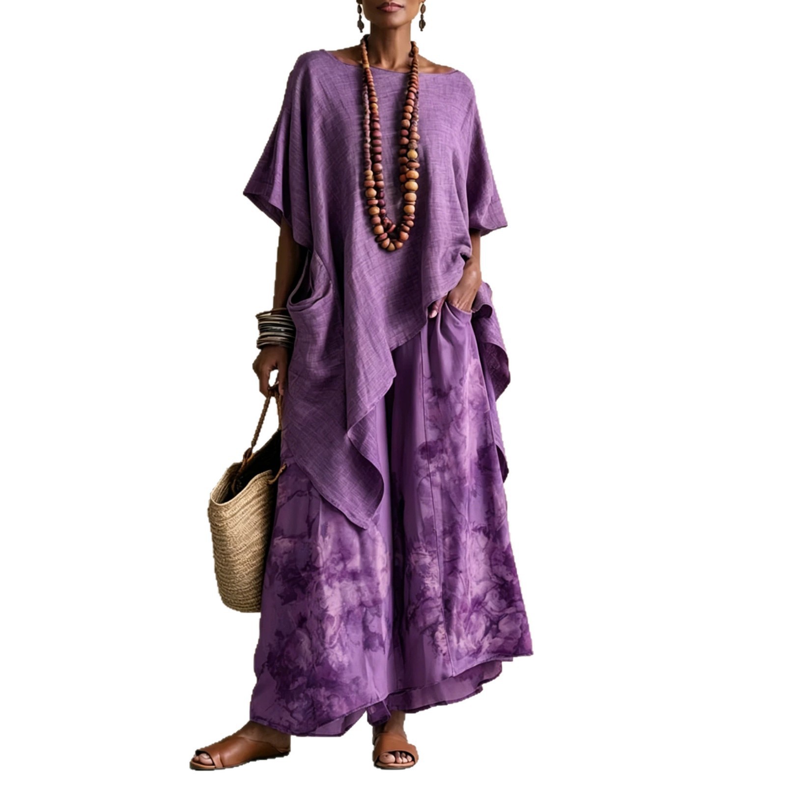 Women's Printed Linen Two-Piece Set with Loose Wide-Leg Pants