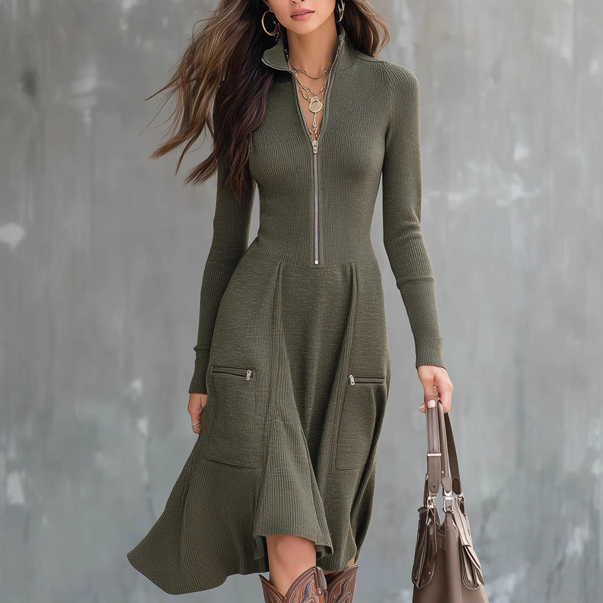 Solid Color Long Sleeve Zip Pocket Waist-Defining A-Line Maxi Dress