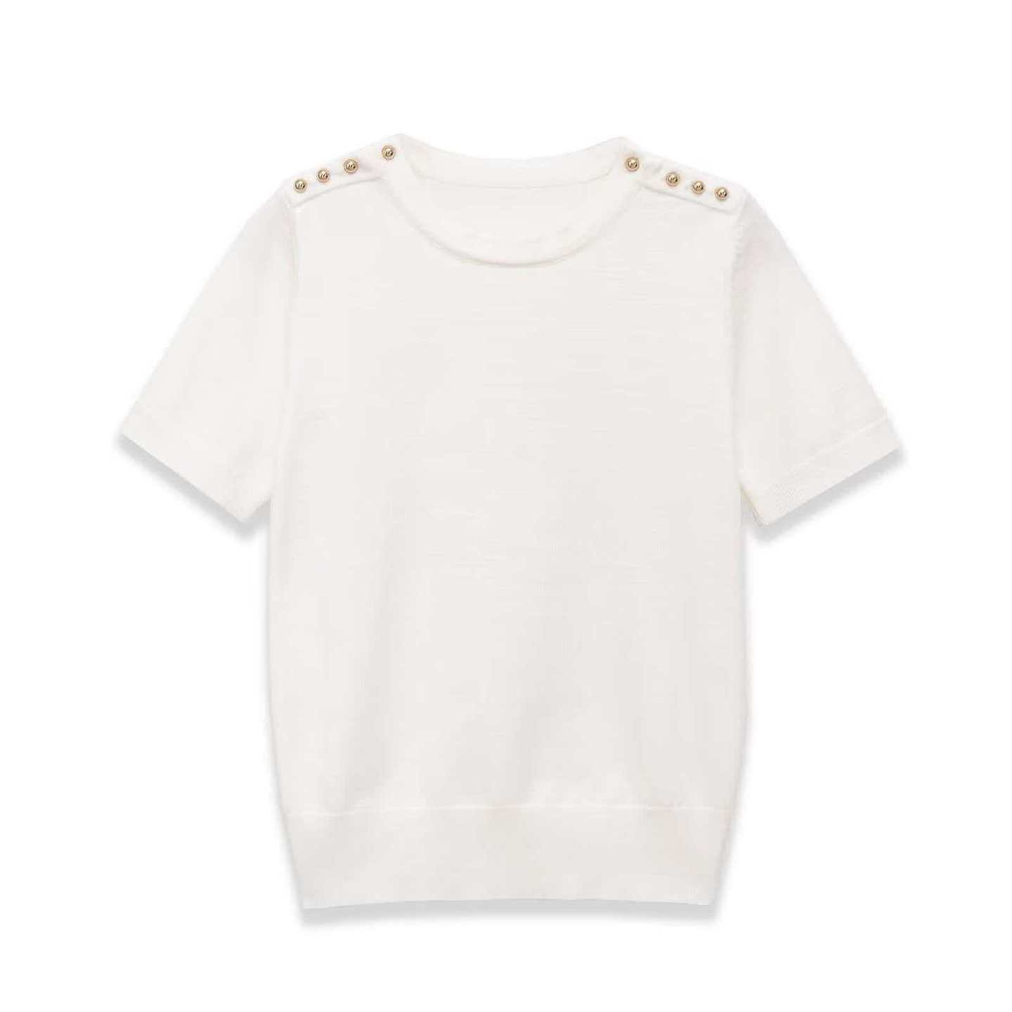 Women's Summer Short Sleeve Crewneck Knit Top with Shoulder Detail