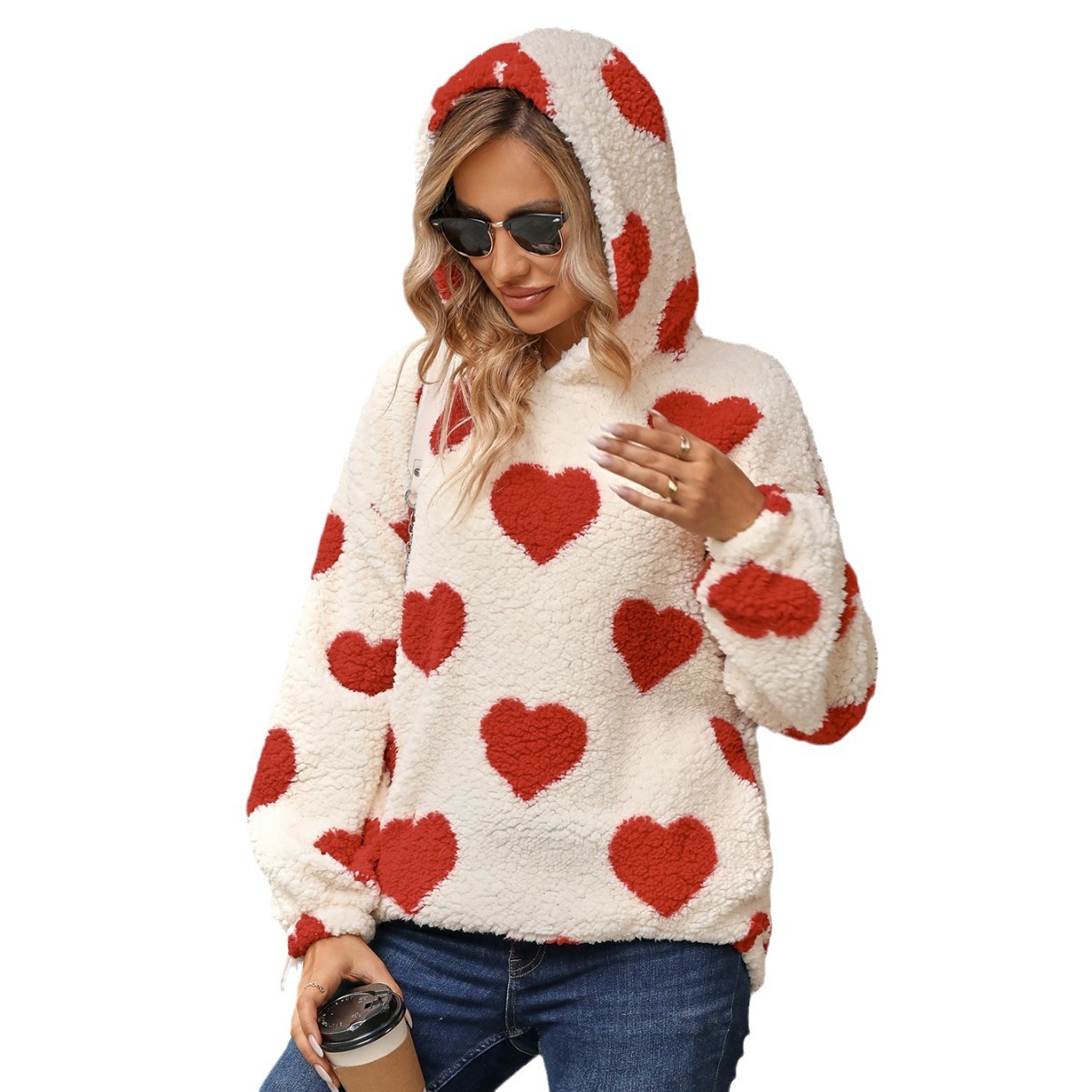 Fleece Hooded Heart Print Pullover Sweatshirt