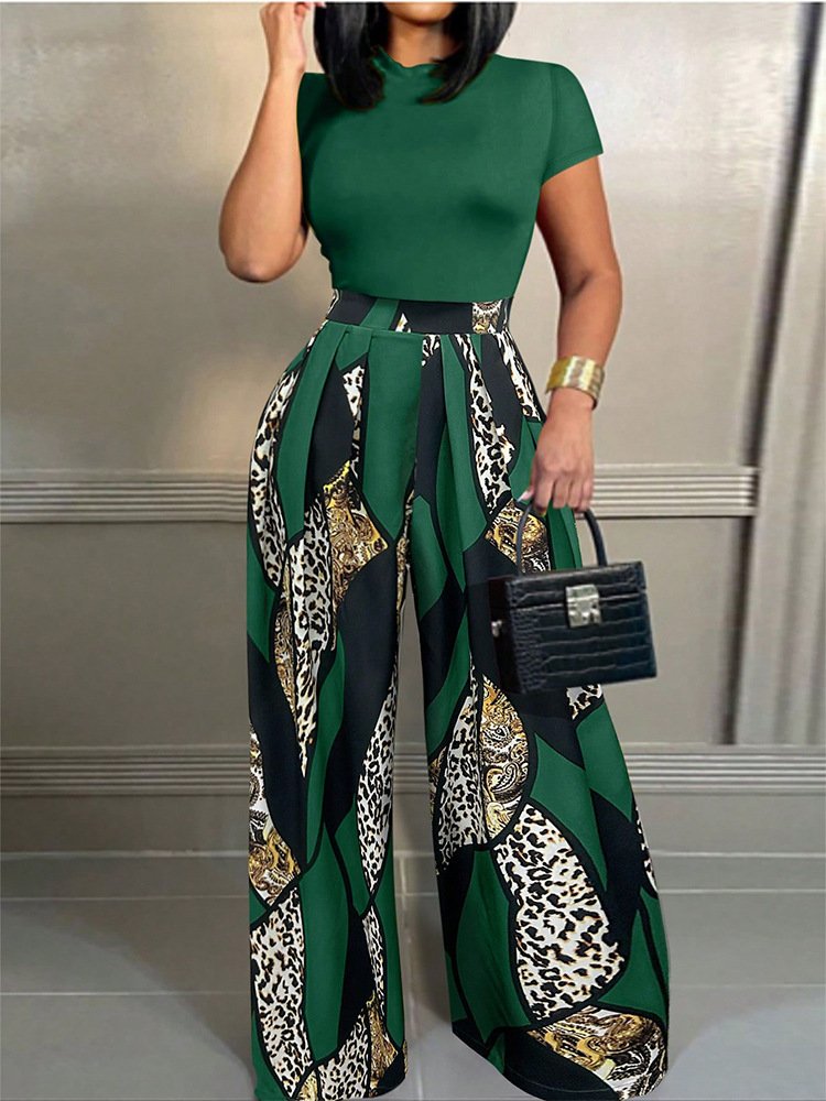 Women's Sleeveless Printed Wide-Leg Pants Set Commuter Two-Piece Outfit