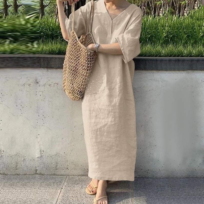 Women's Loose V-Neck Short Sleeve Cotton Linen Maxi Dress Plus Size Solid