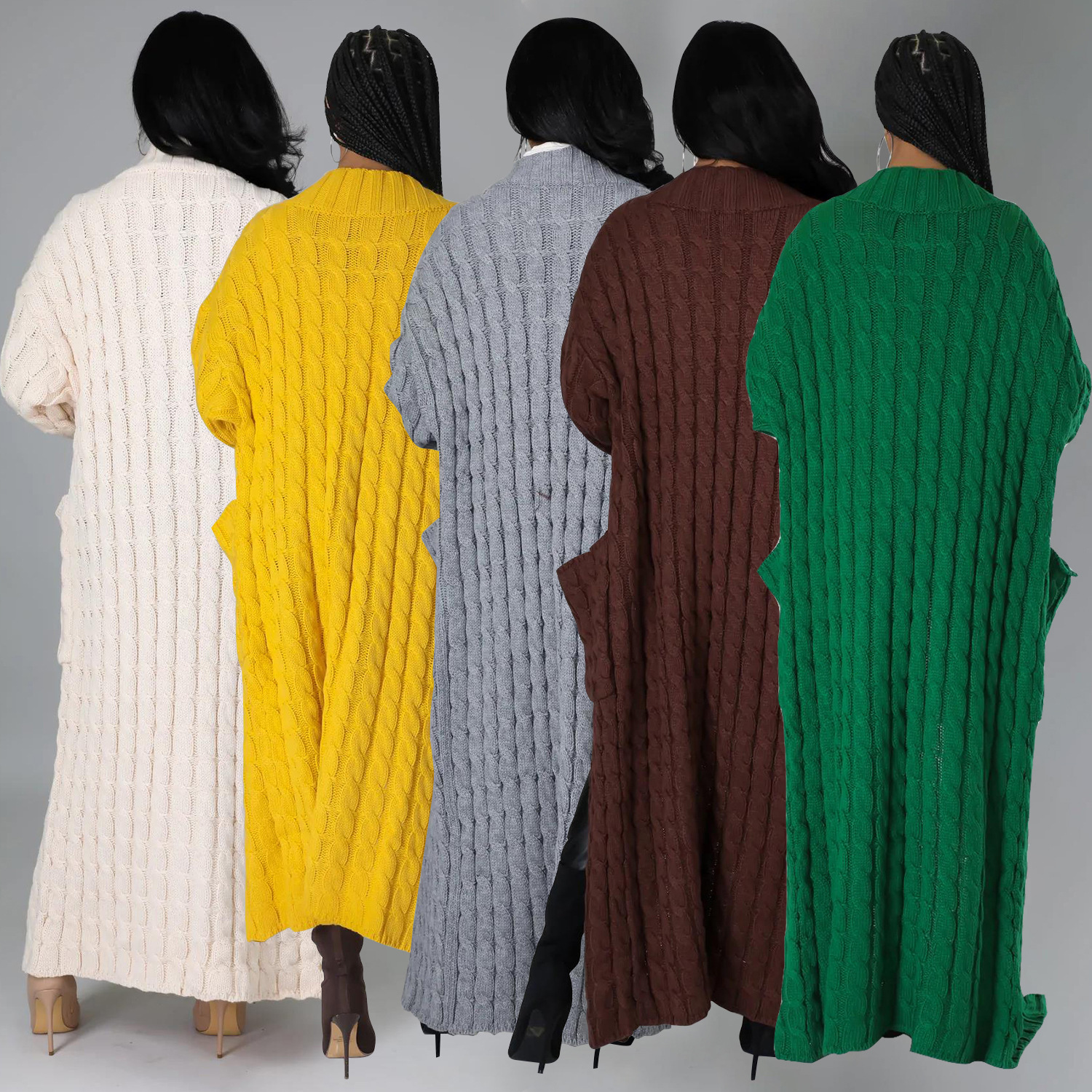 Cable-Knit Open-Front Long Cardigan with Pockets