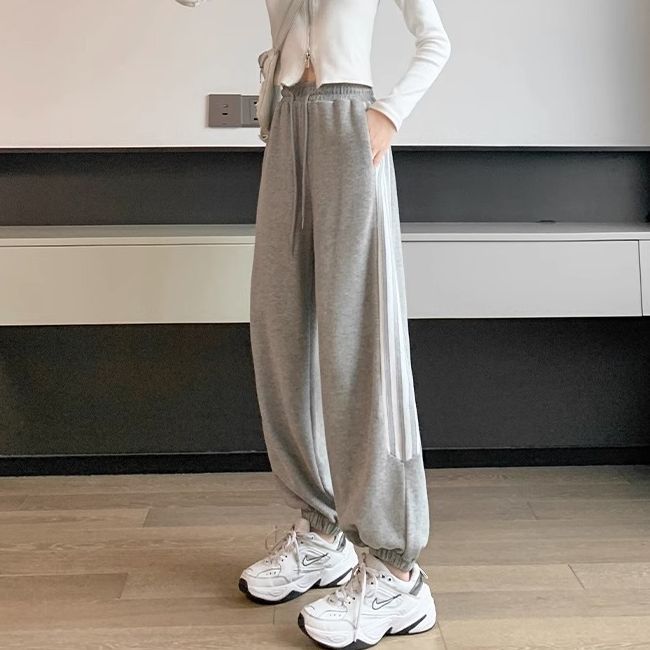 Women's Korean Style Loose Wide-Leg Sweatpants with Four Stripes