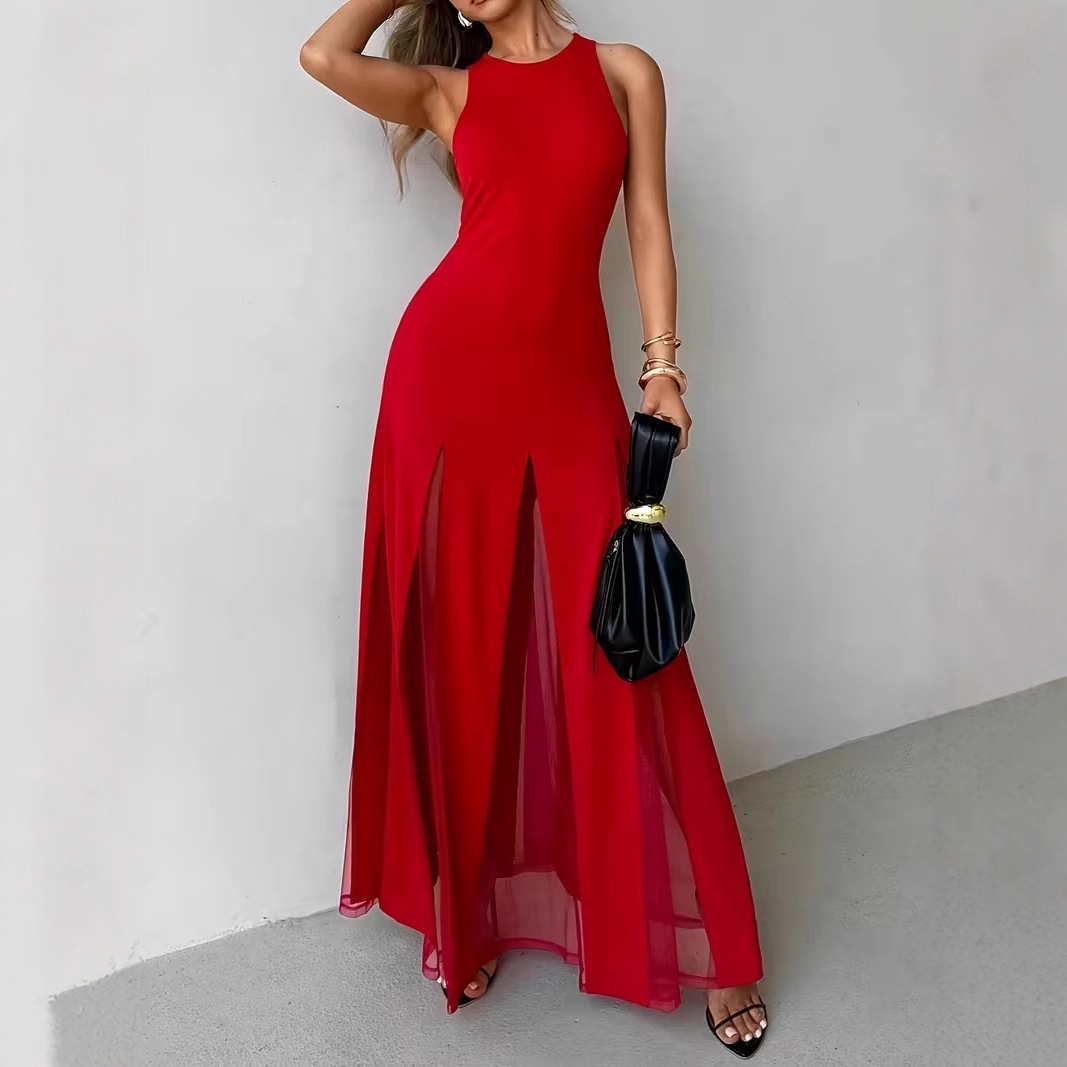 Elegant Sleeveless Chiffon Maxi Dress with Sheer Slit Hem