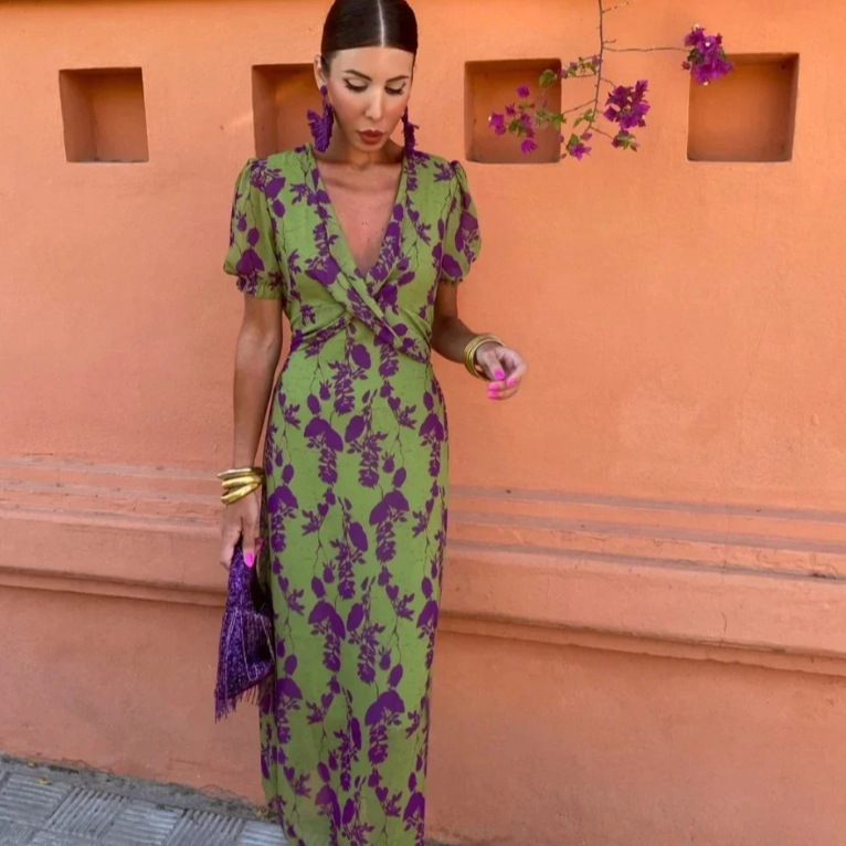 Women's Pleated Floral Print V-Neck Short Sleeve Midi Dress
