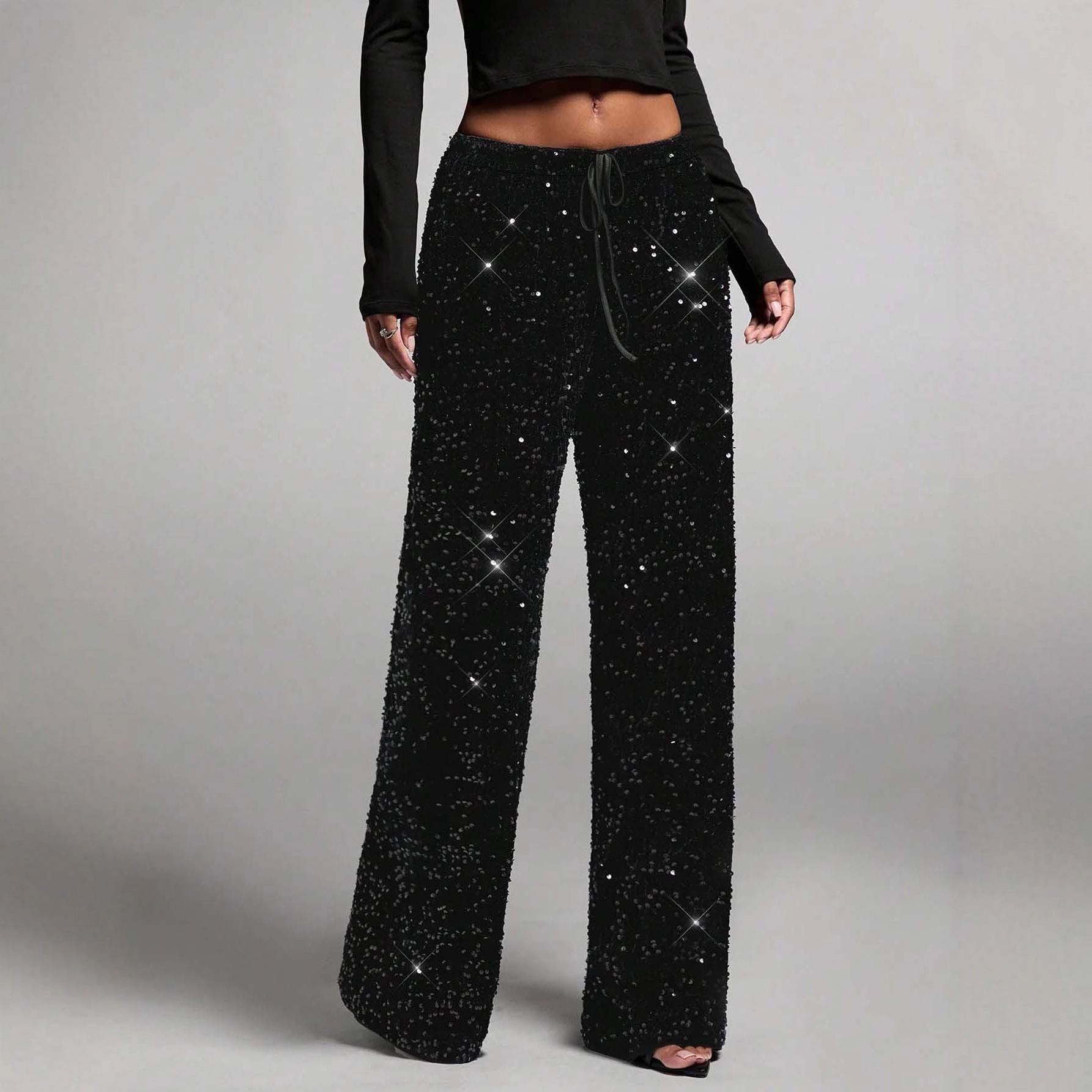 Sequin Drawstring Straight Leg Stretch Pants