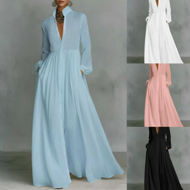 Textured Stand Collar Long Shirt Dress with Lantern Sleeves and Pockets