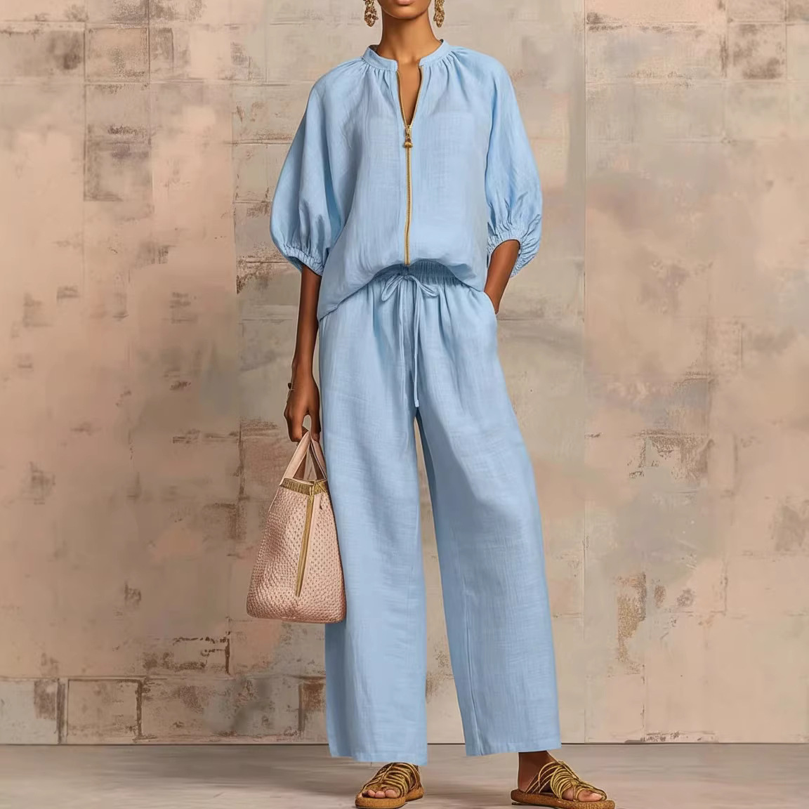 Women's Zip Shirt & Wide-Leg Pants Two-Piece Set