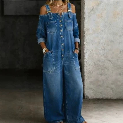 Sexy Off-Shoulder Denim Jumpsuit with Pockets Wide Leg