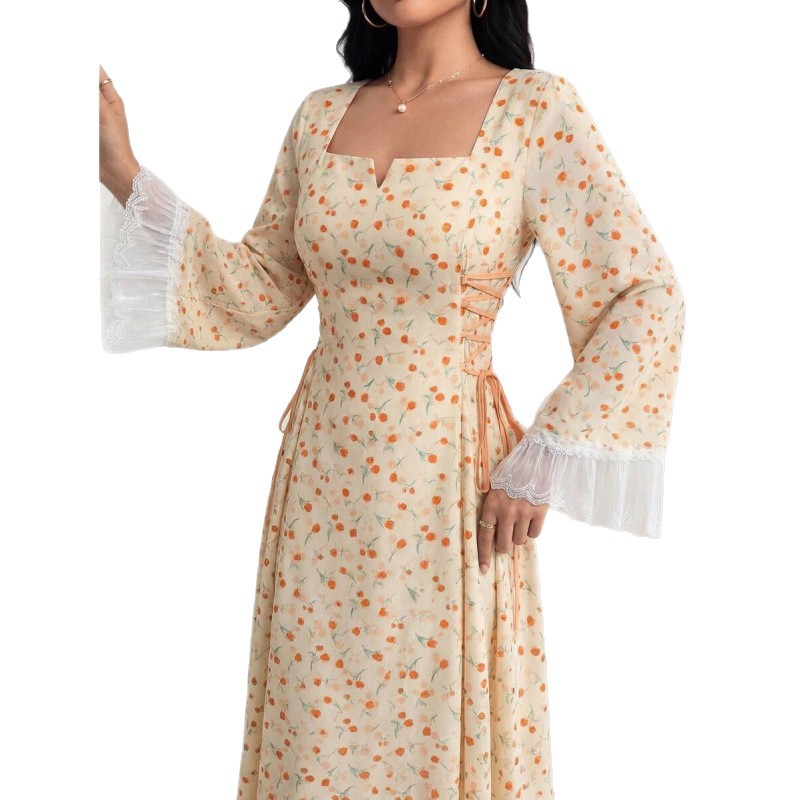 Floral Print Long Sleeve Tie-Waist Midi Dress