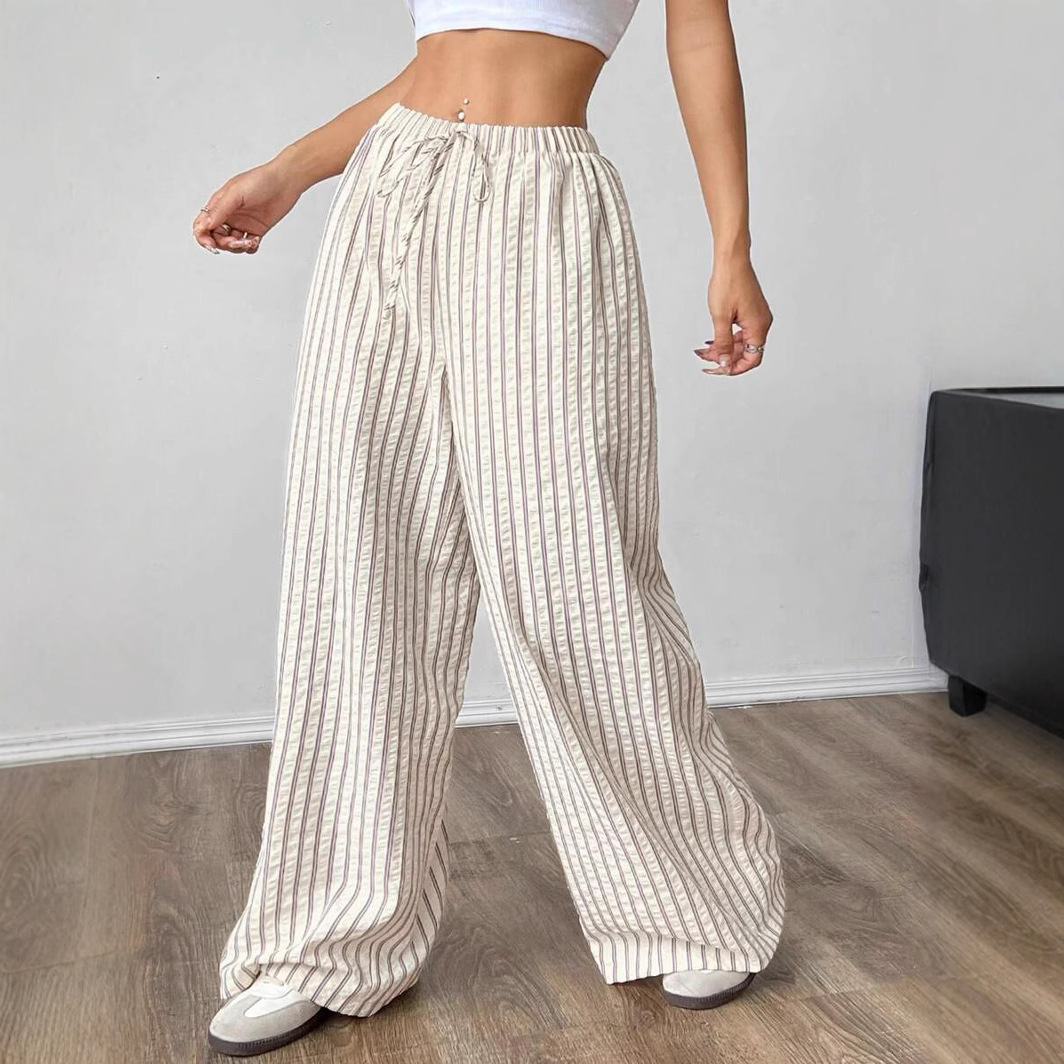 Women's Color-Block Textured Straight-Leg Pants with Pockets and Drawstring Waist