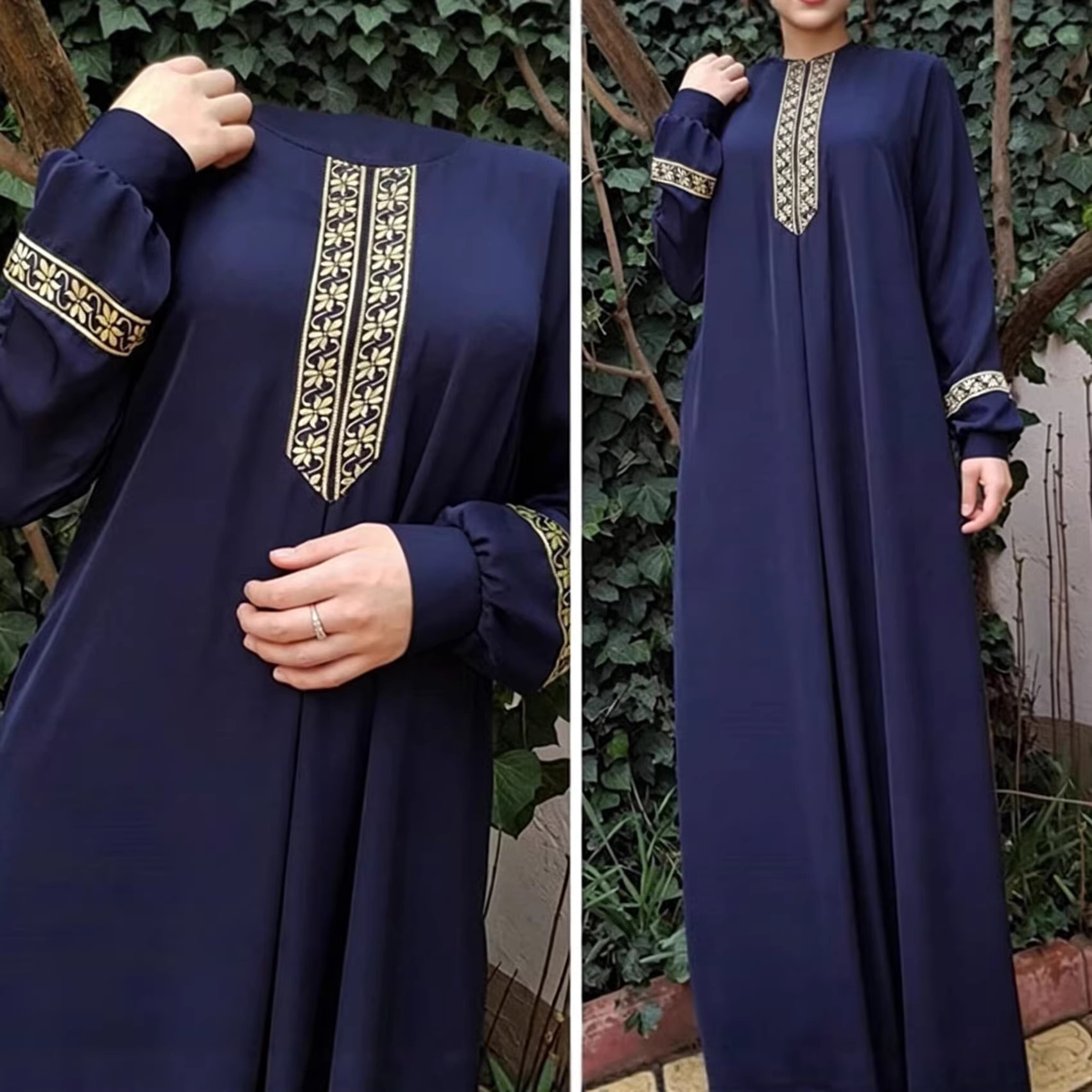 Floral Print Loose Long Dress Round Neck Long Sleeve Straight Fit