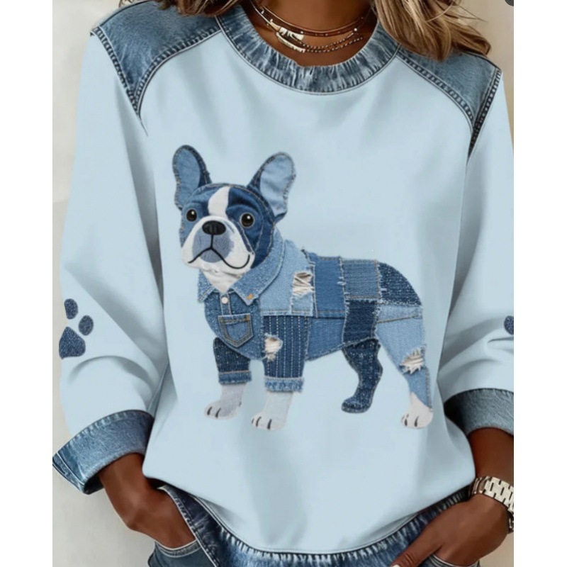 3D Print Colorblock Denim Collar Pullover Sweatshirt Women's Long Sleeve Loose Fit