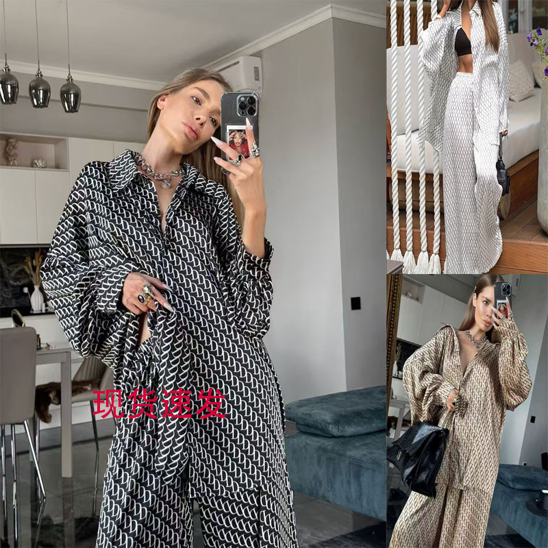 Women's Printed Long Sleeve Shirt and Pants Set Loose Fit