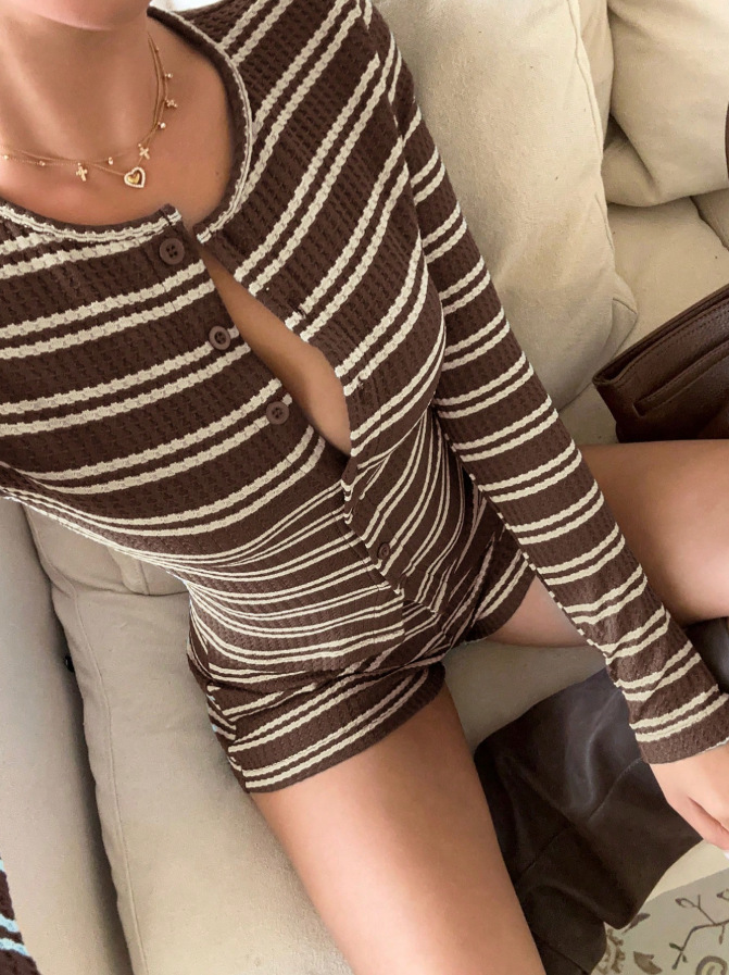Striped Knit Cardigan and Shorts Set
