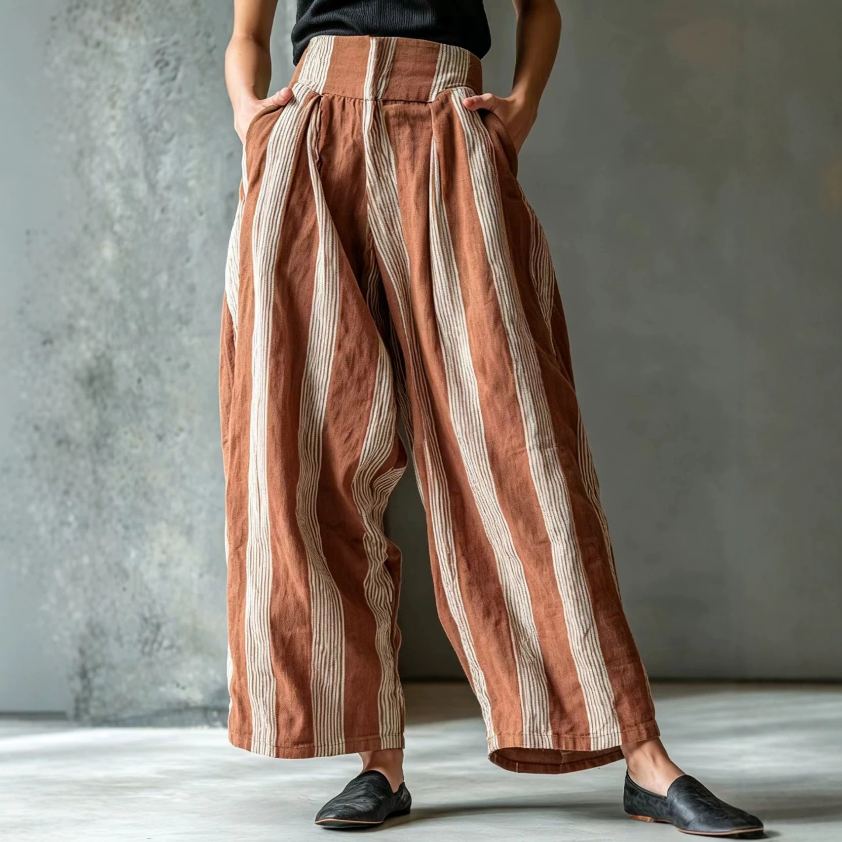 Striped Linen-Blend Wide-Leg Pants for Women, Relaxed Fit, High Waist