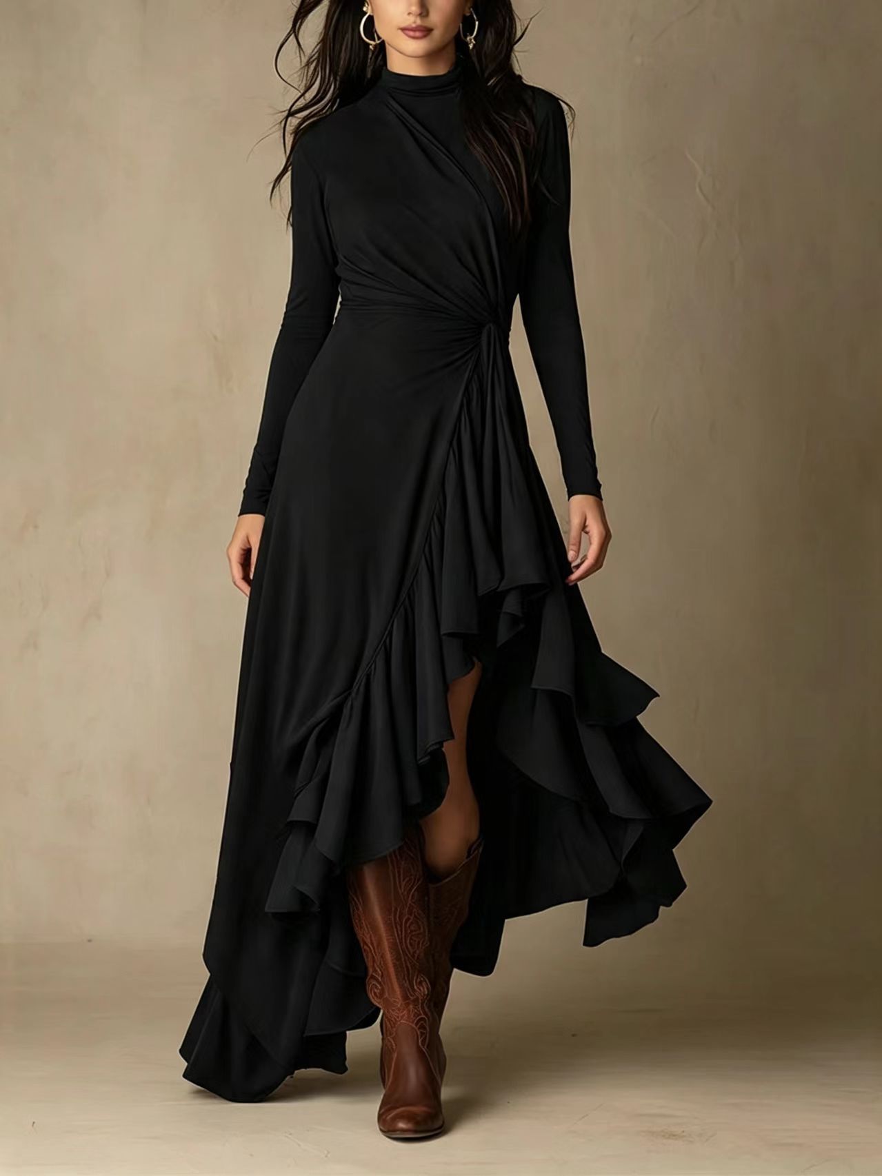 Elegant Solid Long Sleeve Asymmetrical Ruffle Midi Dress