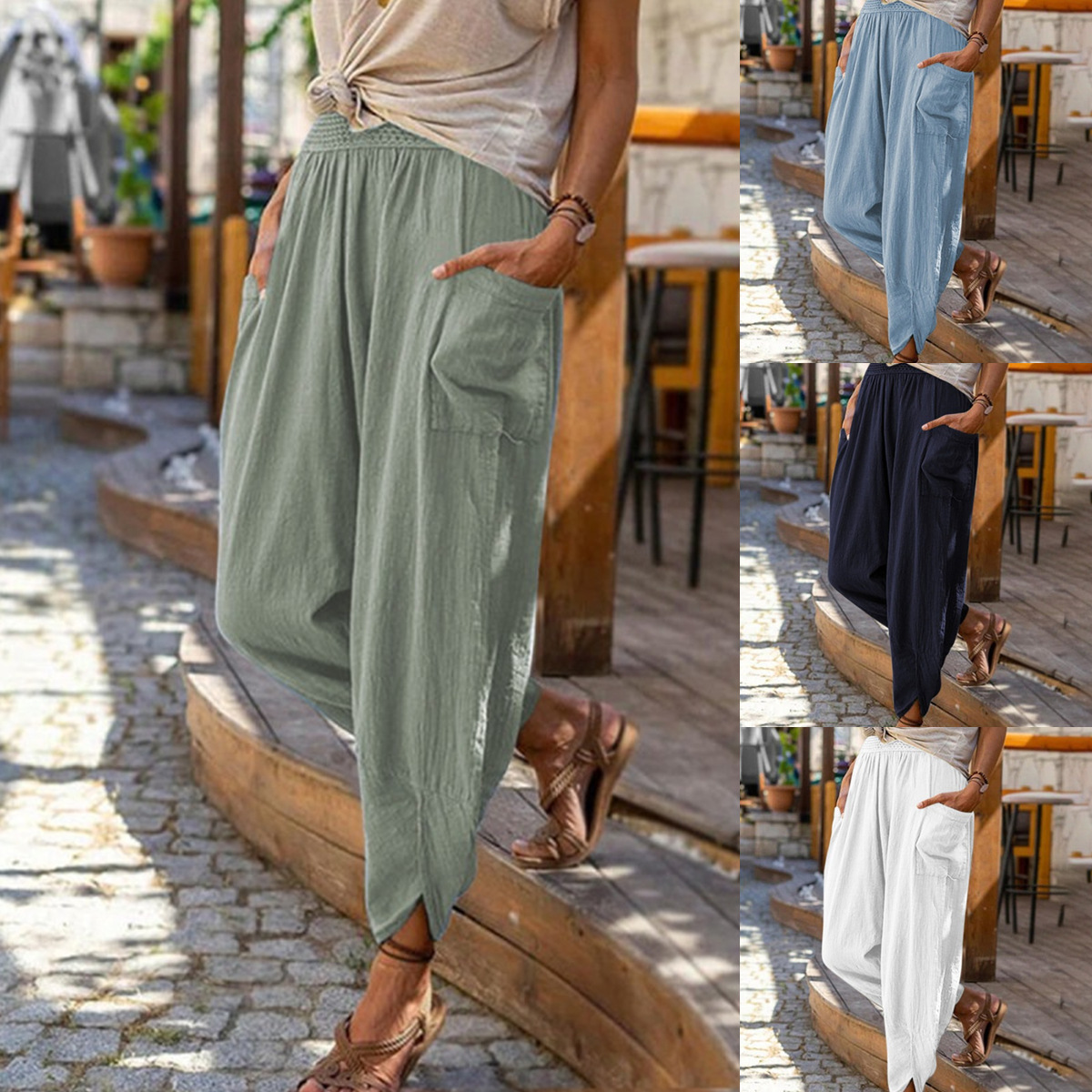 Women's Cotton Linen Wide Leg Harem Pants Casual Beach Trousers