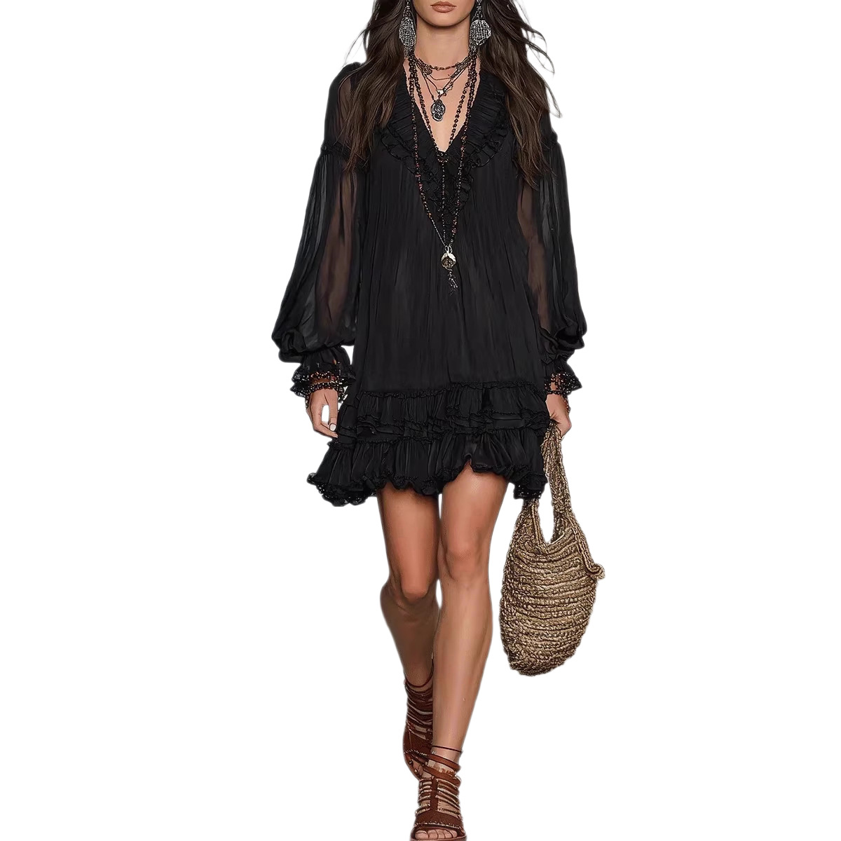 V-Neck Cinched Waist Ruffle Pleated A-Line Mini Dress