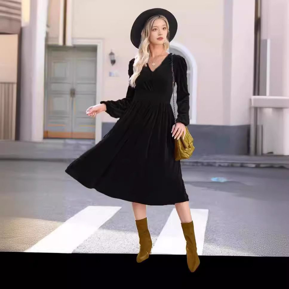 Solid Long Sleeve V-Neck Pleated High Waist A-Line Midi Dress