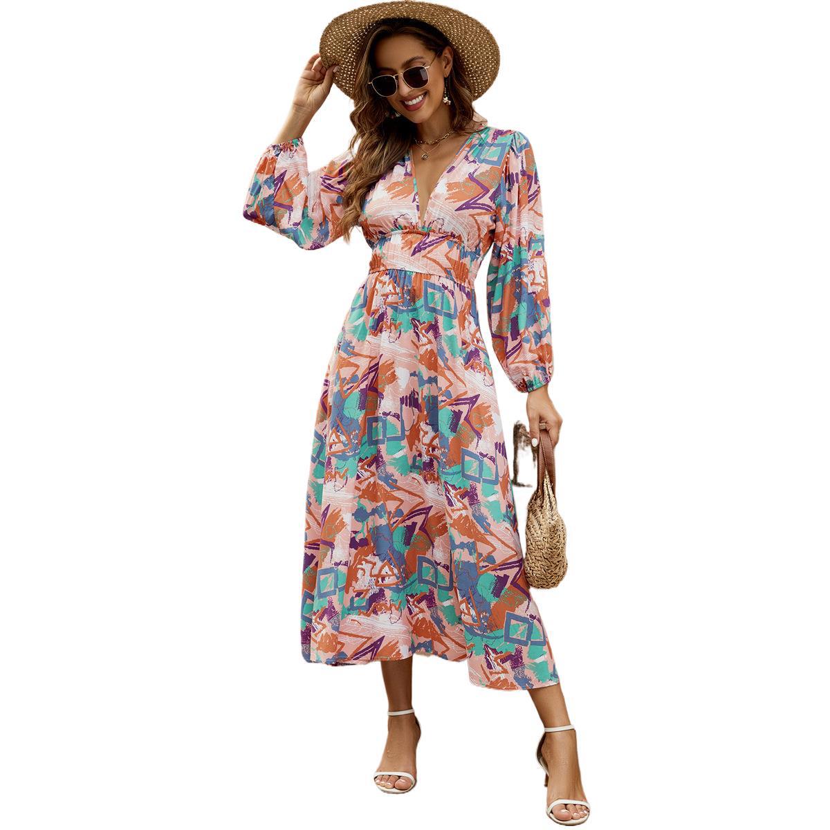 Irregular Print Deep V Waist Lantern Sleeve Maxi Dress