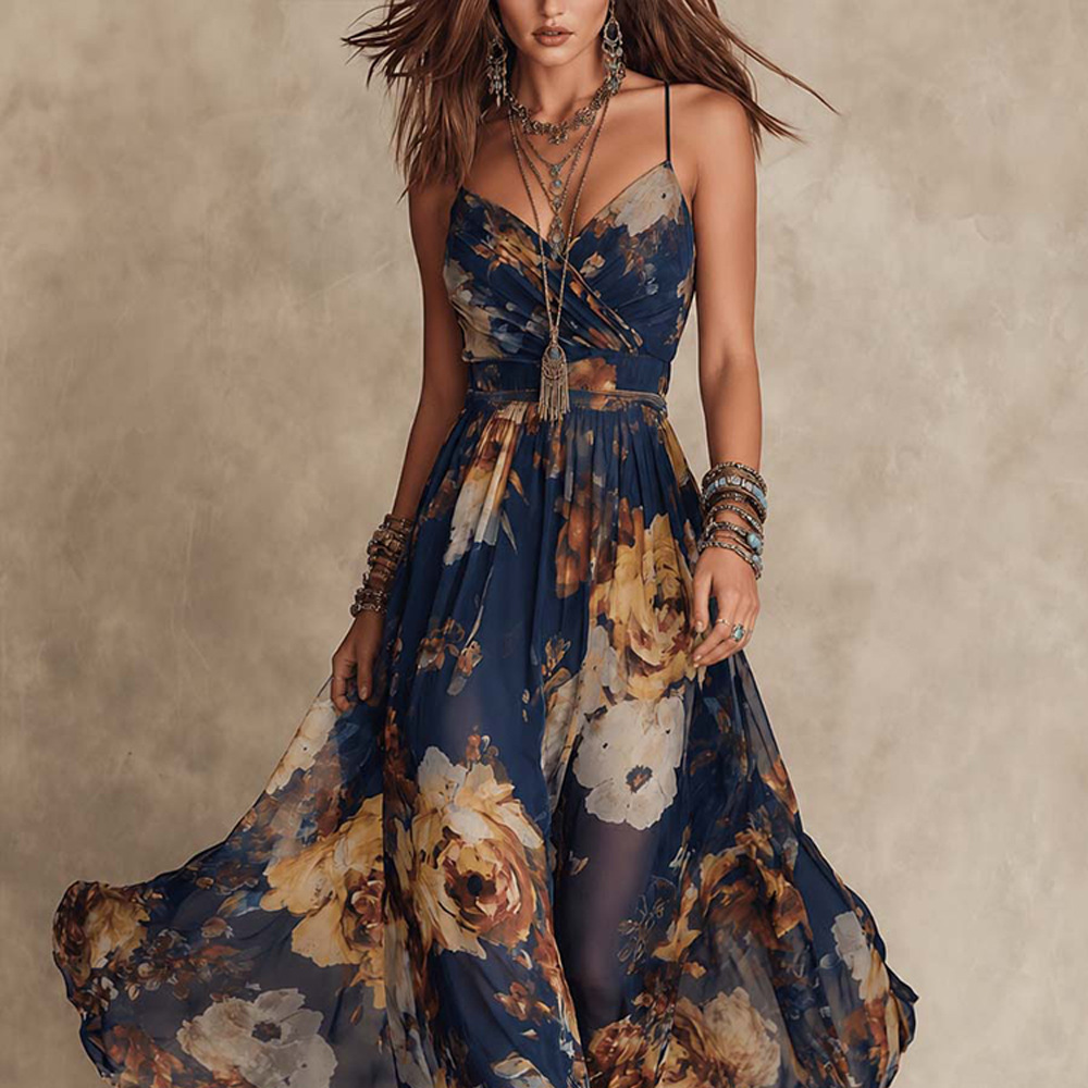 Women's Floral Print Ruched Sleeveless V-Neck Maxi Dress