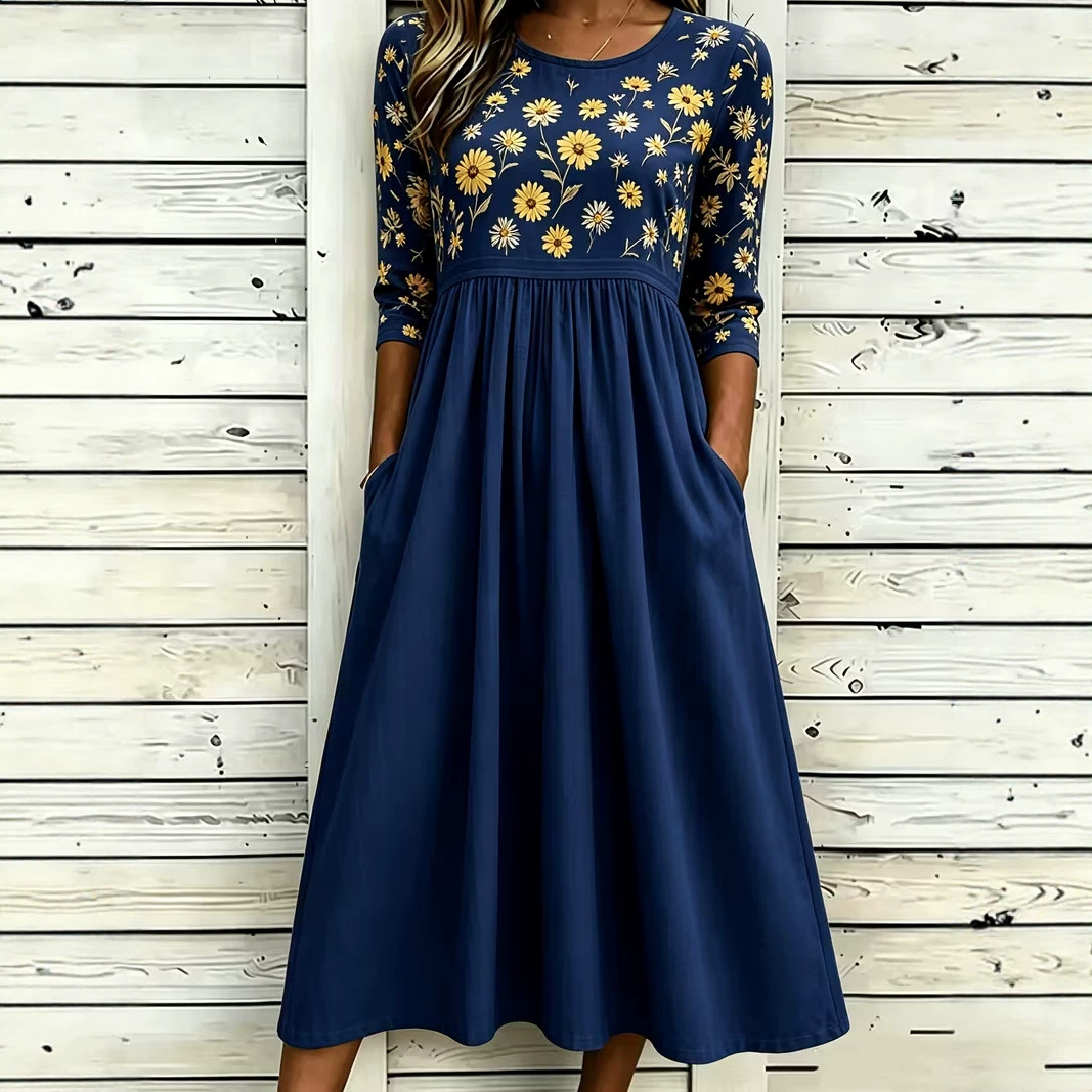 Women's Floral Print Pleated Midi Dress Round Neck Five-Sleeve Slim Fit