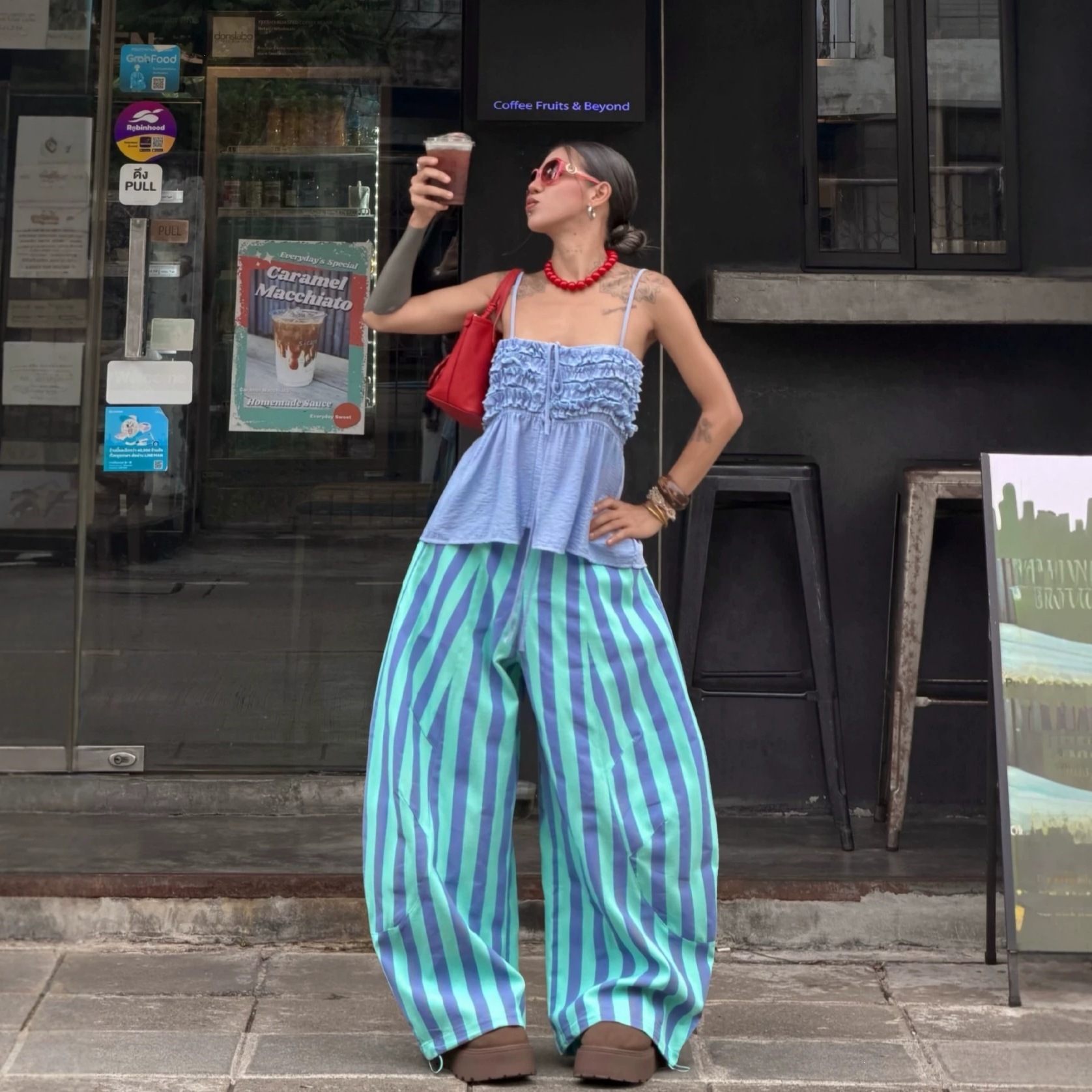 Striped Wide-Leg Pants with Elastic Waist