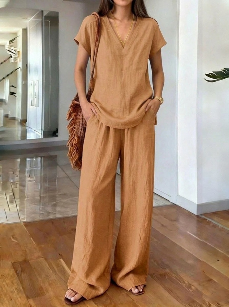 Women's V-Neck Short Sleeve Top & Wide Leg Pants Set